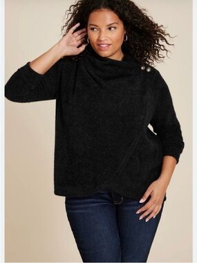 Maurices Charcoal Wrap Front Cowl Neck Sweater Button Detail Size L NWT